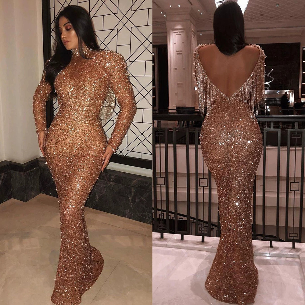 ZARA Spring Long Sleeve Backless Shimmering Gold Sexy Maxi Dress